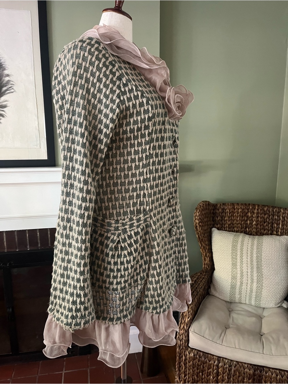 Ryu Open-Knit Cardigan Coat | Sage & Ivory | Blush Organza | 1X - Picture 3 of 9